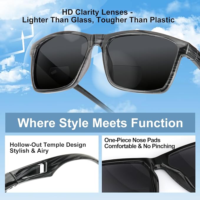 Missfive 2-Pack Mens Snazzy Bifocal Sunglasses with Readers Built-in, Rugged TR90 Lightweight Vented Temples, Dark Outdoor Reading Glasses UV400 Sun Protection for Driving/Travelling, 2.25x