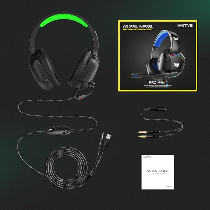 Gaming Headset with Microphone for Pc, Xbox One Series X/s, Ps4, Ps5, Switch, Stereo Wired Noise Cancelling Over-Ear Headphones with Mic, RGB, for Computer, Laptop, Mac, Nintendo, Gamer (Green)