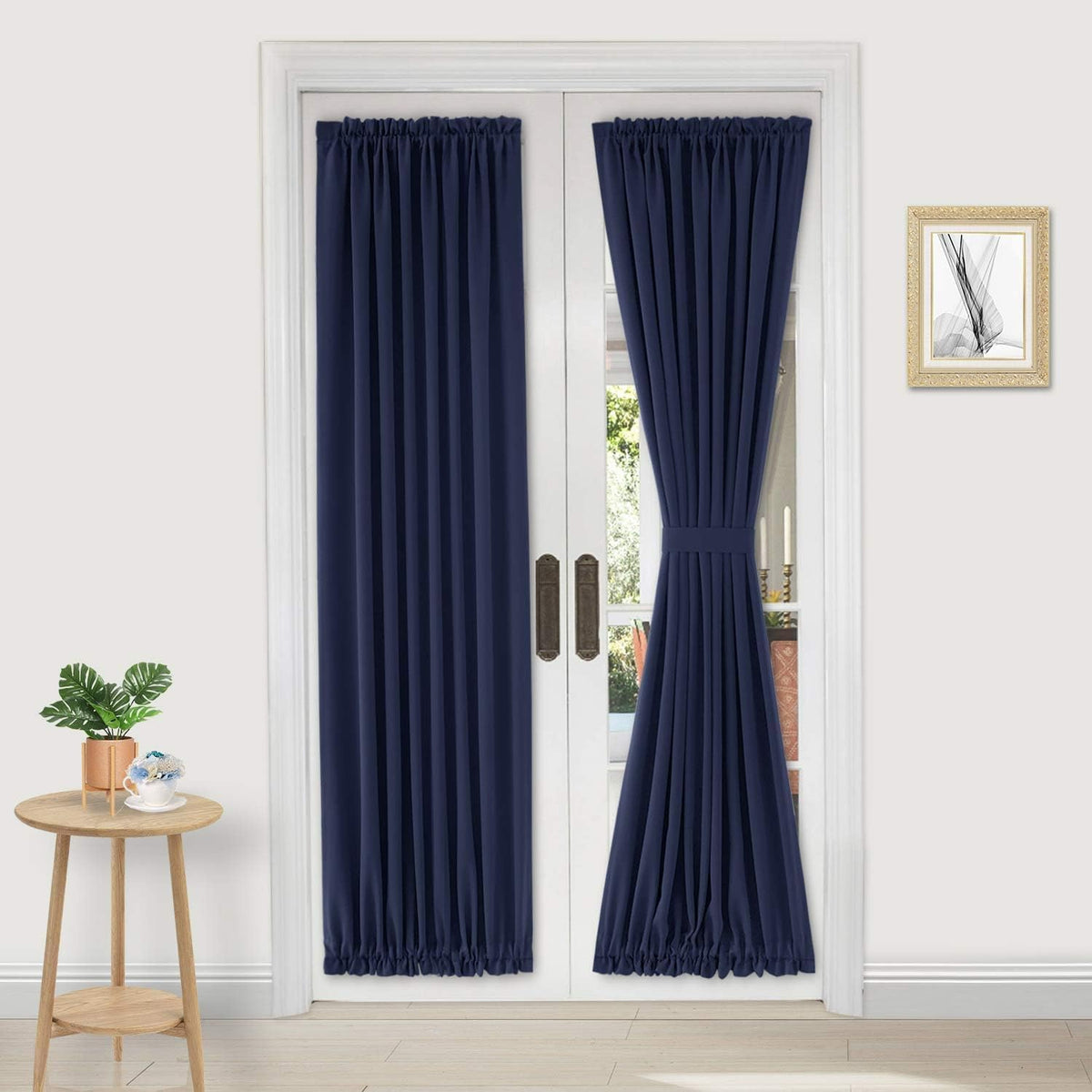 DWCN French Door Curtains â Rod Pocket Thermal Blackout Curtain for Doors with Glass Window, Kitchen and Patio Doors for Privacy, 25 X 80 Inches Long, 1 Curtain Panel with Tieback, Navy Blue