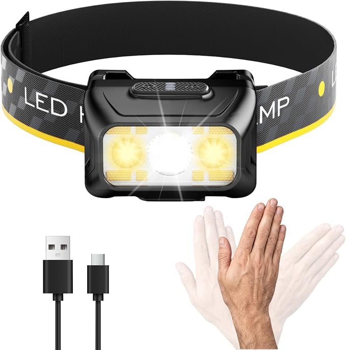 SKYFIRE Rechargeable LED Headlamp 1500 Lumen,30H Long Lasting Head Light with IPX7 Waterproof & 11 Lighting Modes,Motion Sensor 2.12oz Power Headlamp for Camping, Hiking, Running