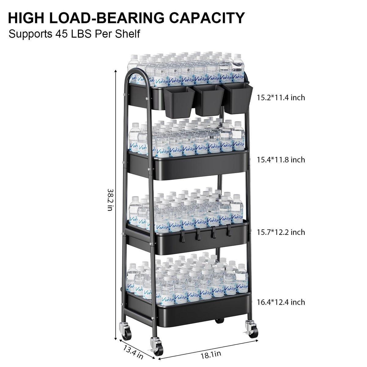 Black 4 Tier Rolling Cart Metal with Lockable Wheels, Four Tiered Tall Storage Rolling Cart on Wheels, Heavy Duty Utility Organizer Carts for Laundry, Kitchen, Dorm, Craft, Art, Snack,Mesh Basket,38in