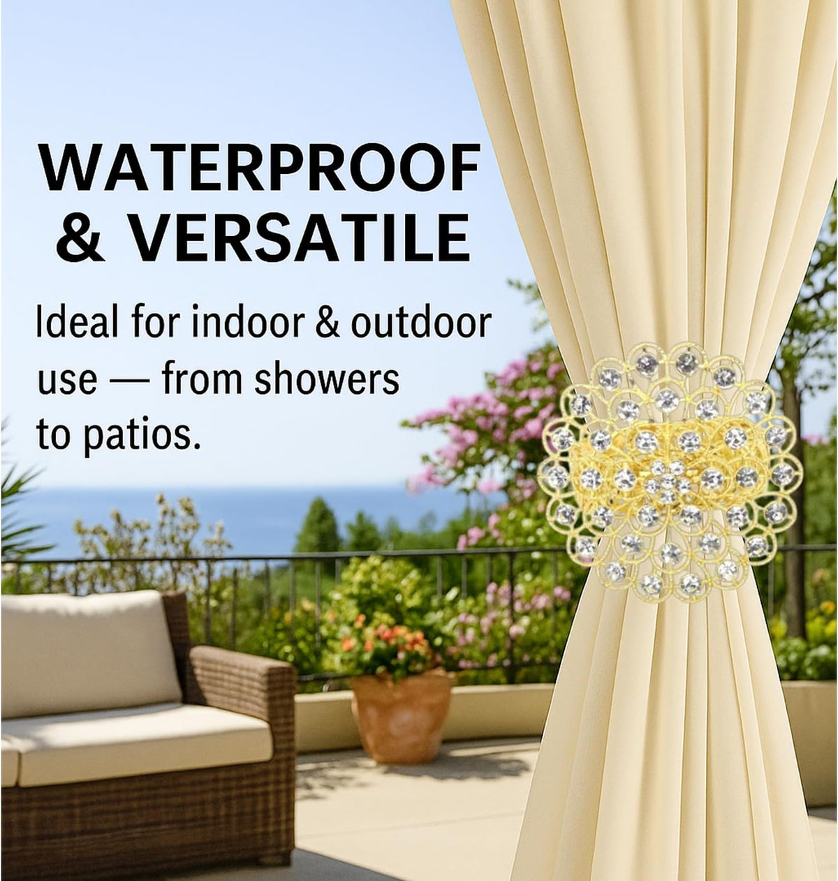2 Pack Crystal Flower Curtain Tiebacks – Decorative Spring Wire Buckle Clips with Sparkling Rhinestone Flower Design, No Drilling, Easy Fit for Drapes & Sheers