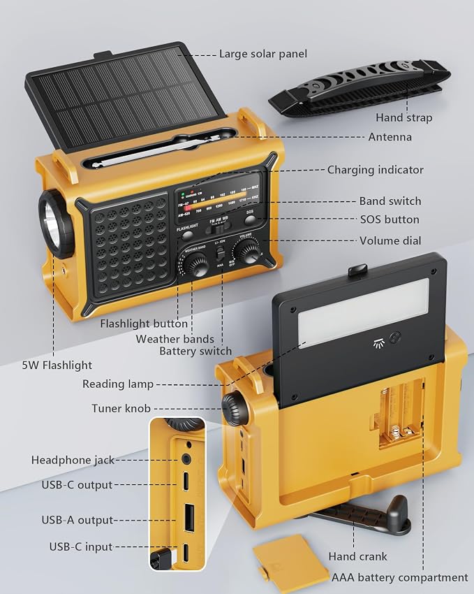 Emergency Weather Radio with Large Solar Panel, Efficient Hand Crank & Real 12000mAh Battery | AM/FM/NOAA Bands, LED Flashlight, Reading Lamp, SOS Alarm & Phone Charger for Camping, Blackout, Survival