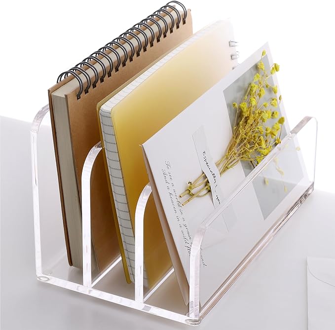 SANRUI Acrylic File Mail Desktop Organizer Sorters,3 Compartments Laddered Clear Desk Letter Organizer Office Document Sorter,Multifunction Envelope Folder Racks Holders for Office,Home, School