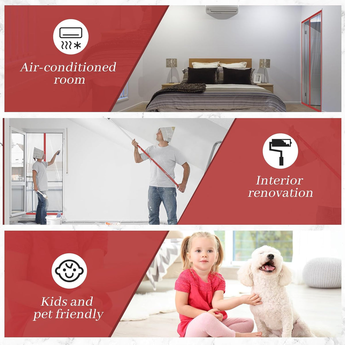 Amylove Zipper 60 x 102 Inch Dust Barrier Kit Red Edged Temporary Construction Door Barrier 5 x 8.5 ft Reusable Plastic Curtain Cover Containment Doorway Wall Screen Sheeting for Bathroom Hallway