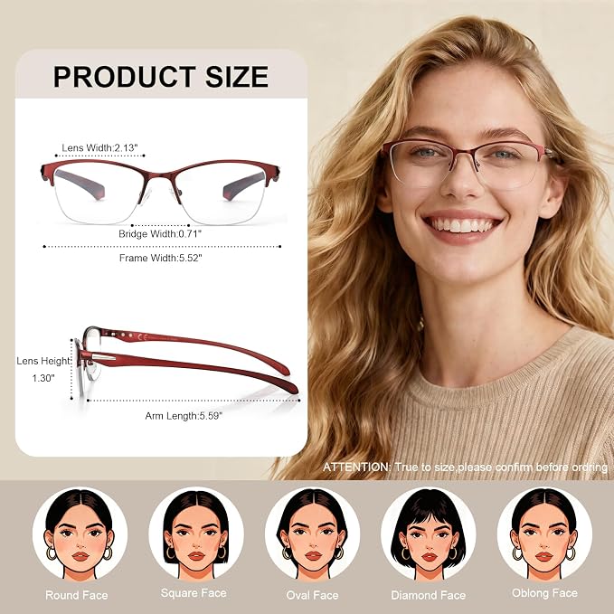SKYOAK 2 Pack Stylish Progressive Reading Glasses for Women, Metal Half Frame Fashion Anti UV400/Eye Strain Computer Readers, Cat Eye Modern Design Ladies No-Line Multifocal Eyeglasses, +2.25