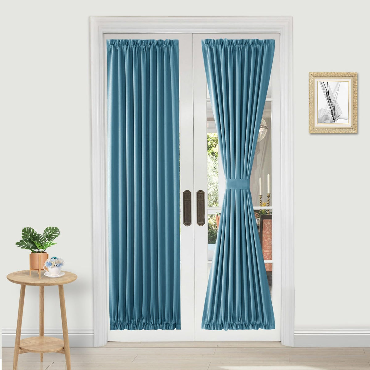 DWCN French Door Curtains â Rod Pocket Thermal Blackout Curtain for Doors with Glass Window, Kitchen and Patio Doors for Privacy, 36 X 72 Inches Long, 1 Curtain Panel with Tieback, Stone Blue