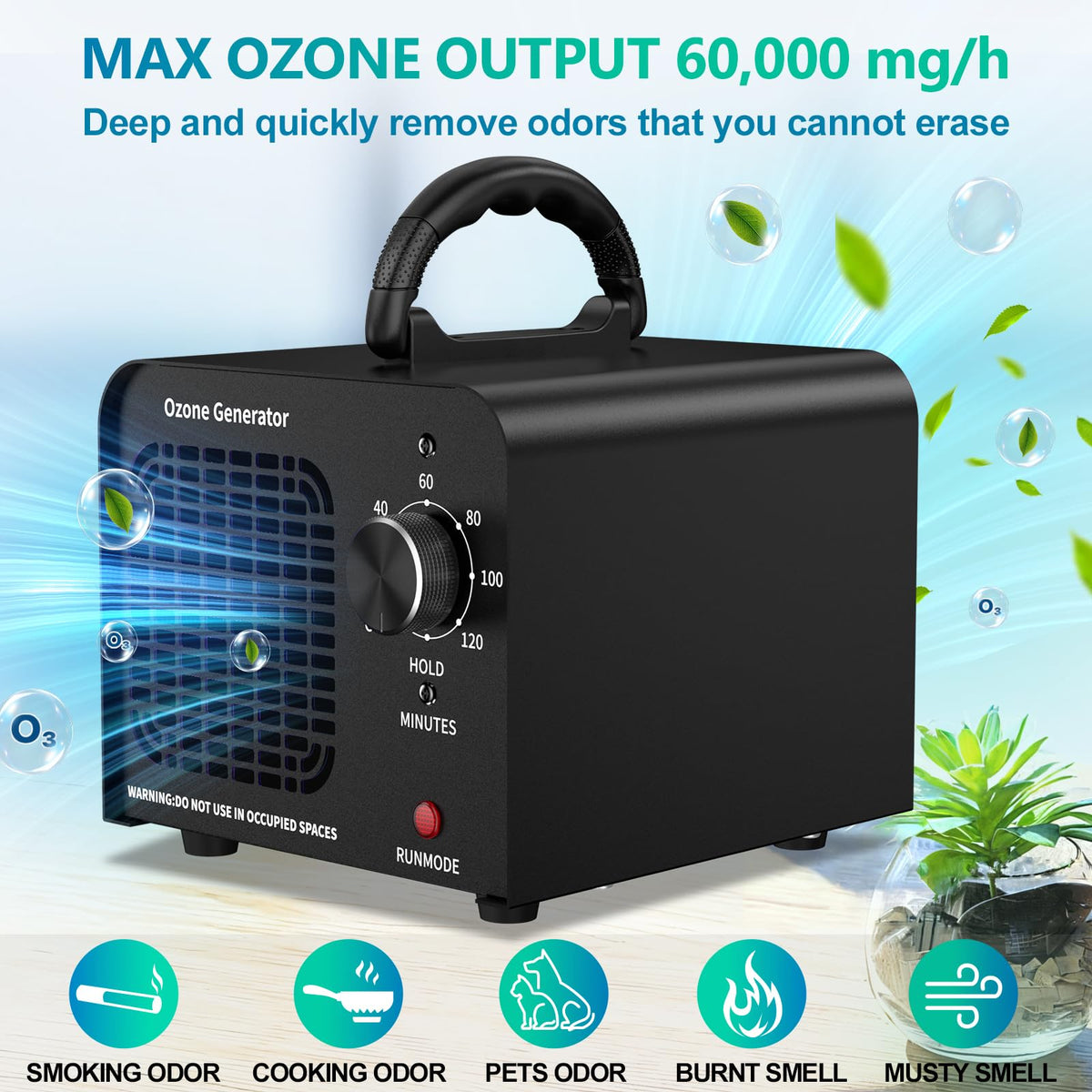 Ozone Generator 60000mg/h, Industrial/Home Ozone Machine, Odor Removal for Areas of 6,000 Square Feet, High Capacity Odor Eliminator for Car, Rooms, Smoke, Pets, O3 Air Purifier Deodorizes (Black)