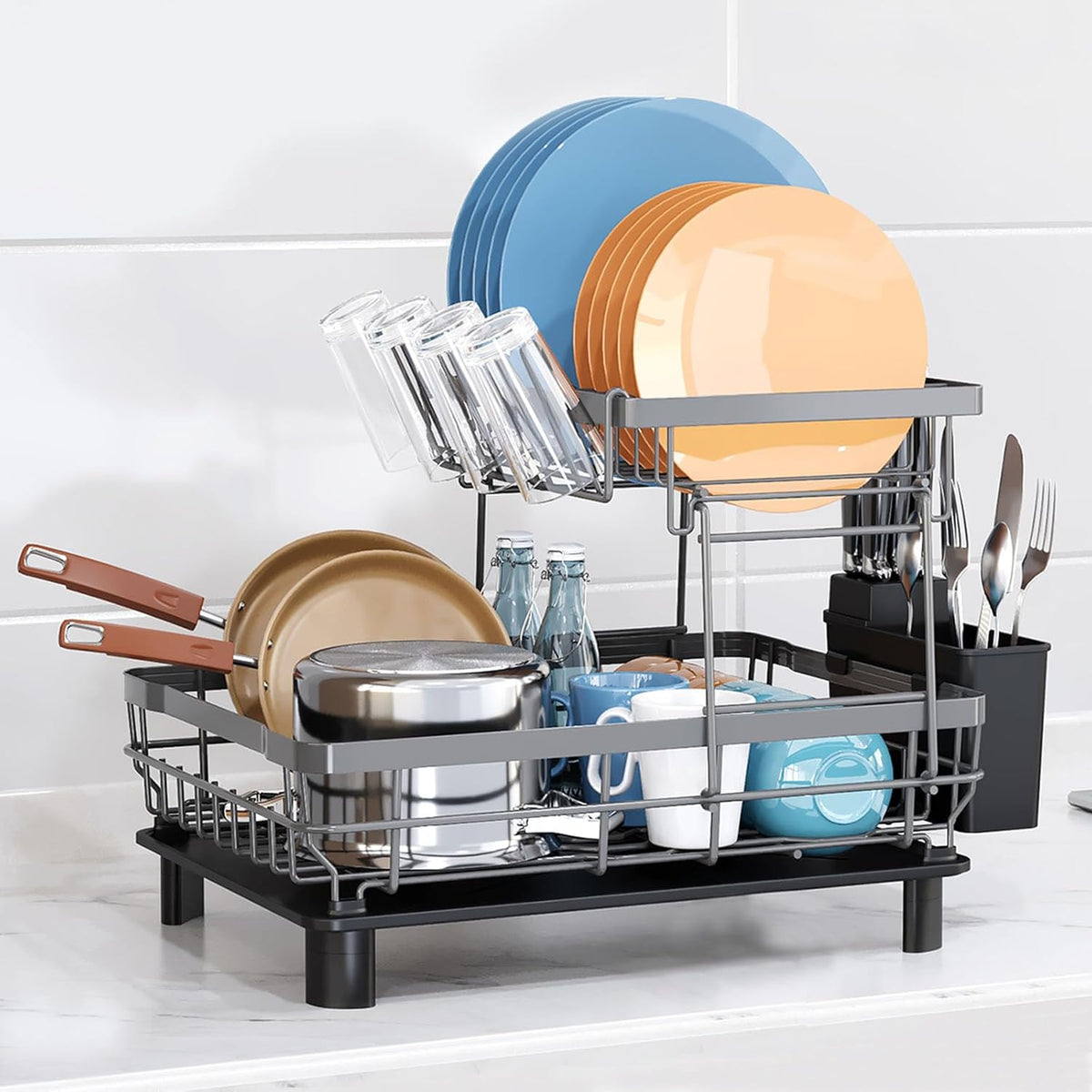 GAXmi Dish Drying Rack Over The Sink Dish Drainer with Drainboard Utensil Holder Cup Holder, 2-Tier Grey