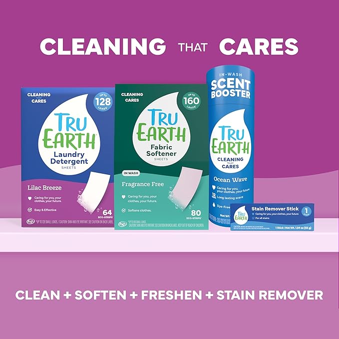 Tru Earth Compact Dry Laundry Detergent - Up to 128 Loads (64 Sheets) - Paraben-Free - Original Eco-Strip Liquidless Detergent, Travel - Lilac Breeze | Packaging May Vary