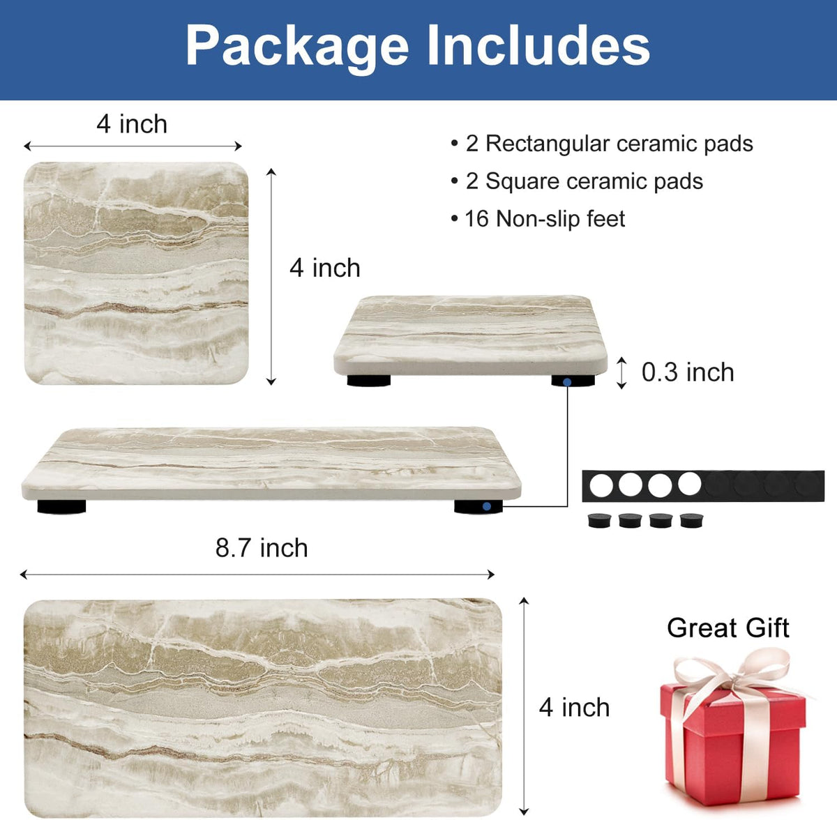Set of 4 Drying Stone for Kitchen Counter Soap Tray Ceramic Bathroom Sink Trays Hand Soap Dish Stone Quick Dry Mat Toothbrush Sponge Holder Kitchen Sink Caddy Diatomite Coaster Bathroom Trays