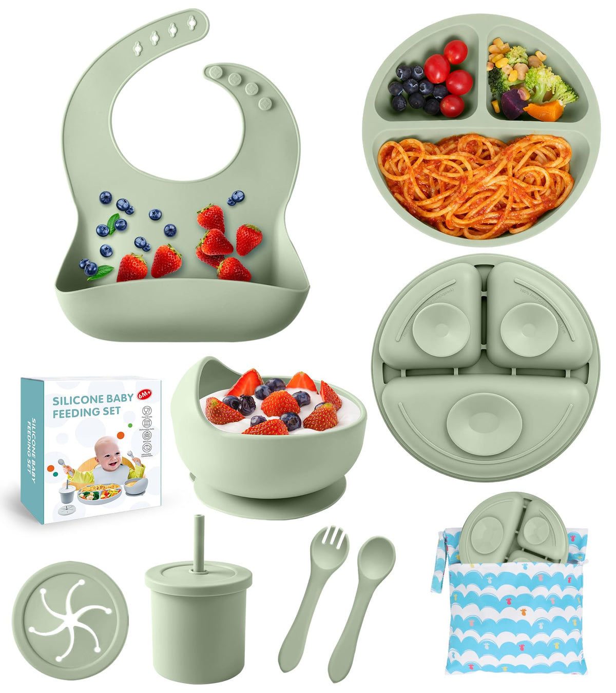Silicone Baby Feeding Set, 10 Pcs Baby Led Weaning Supplies Baby Eating Essentials Set with Suction Bowl Divided Plate Adjustable Bib Soft Spoon Fork Cup with Lid Drinking Cup, Travel Bag (Green)