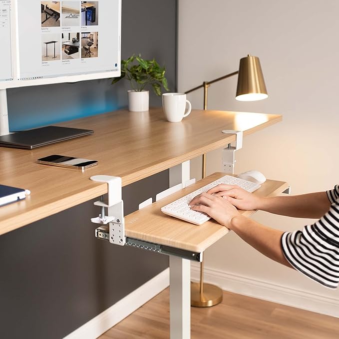VIVO Large Height Adjustable Under Desk Keyboard Tray, C-clamp Mount System, 27 (33 Including Clamps) x 11 inch Slide-Out Platform Computer Drawer for Typing, Light Wood, MOUNT-KB05HA