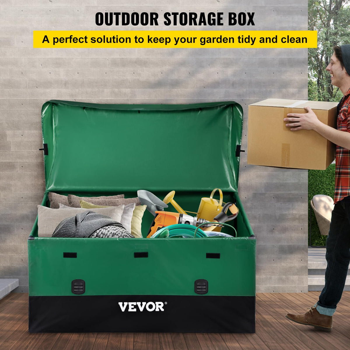 VEVOR Outdoor Storage Box, 230 Gallon Waterproof PE Tarpaulin Deck Box w/Galvanized Frame, All-Weather Protection & Portable, for Camping, Garden, Poolside, and Yard, Black & Green