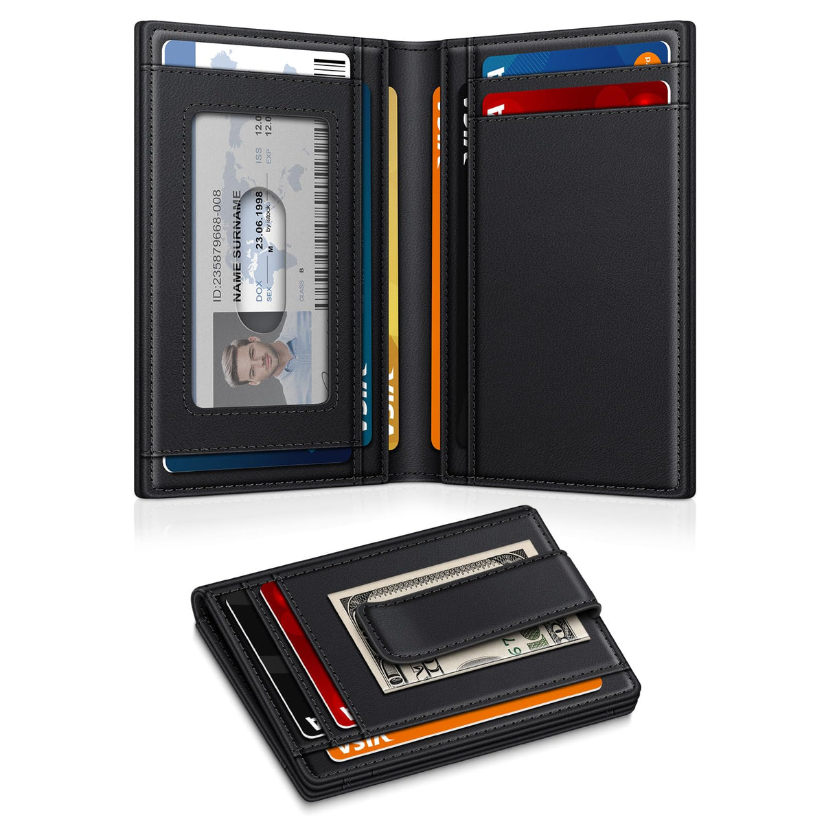 Wallet for Men 14-16 Cards, Minimalist Men Leather Wallet, Men's Front Pocket Bifold Wallets with Money Clip, Slim Thin Card Holder RFID Blocking Bill Folder & Magnetic Closure, Gifts for Men, Black