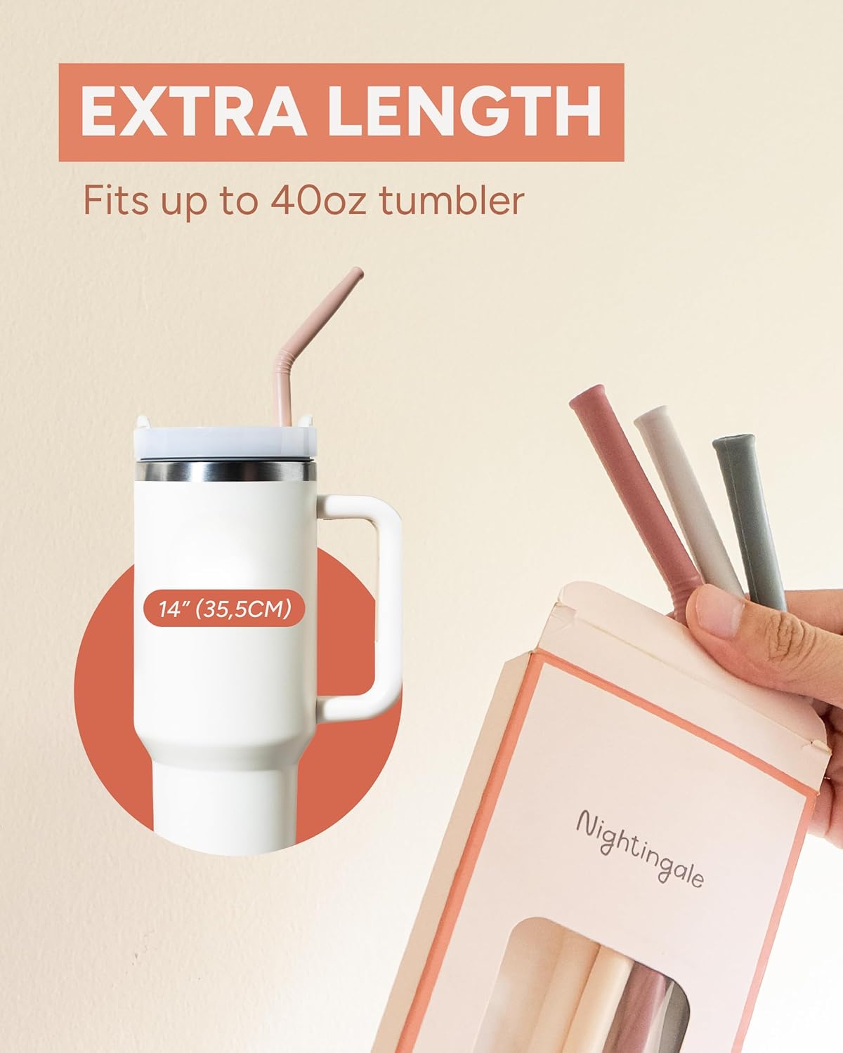 Nightingale 14ā Silicone Tumbler Straws - Compatible with Stanley 40 oz cup - Reusable Flexible Long Bendy Drinking Straw with Cleaning Brush for Tall Tumblers - Food-Safe - Set of 6 Oak