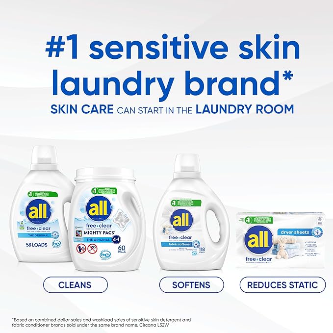 all sensitive fresh, Spring Breeze, MIGHTY PACS Scented Laundry Detergent for Sensitive Skin, Hypoallergenic, 19 Count (Pack of 6)