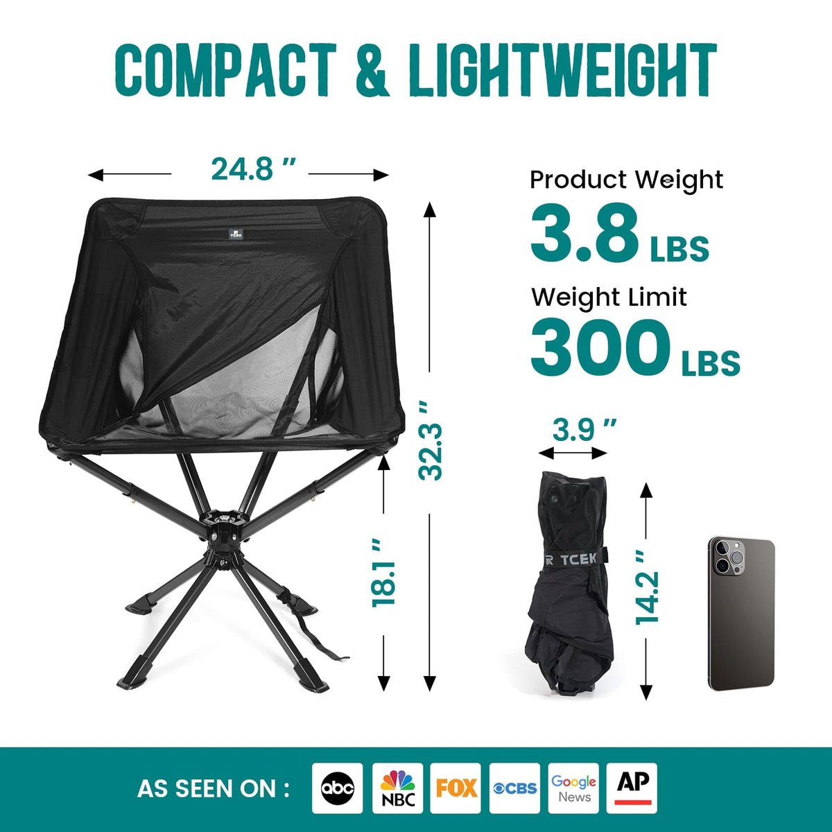 TCEK Swivel Portable Chair - Small Compact Collapsible Folding Chairs for Adults, Setup in 8 Seconds, Lightweight Outdoor Backpack Chair for Camping, Travel, Hiking, Beach, Support 300 LBS