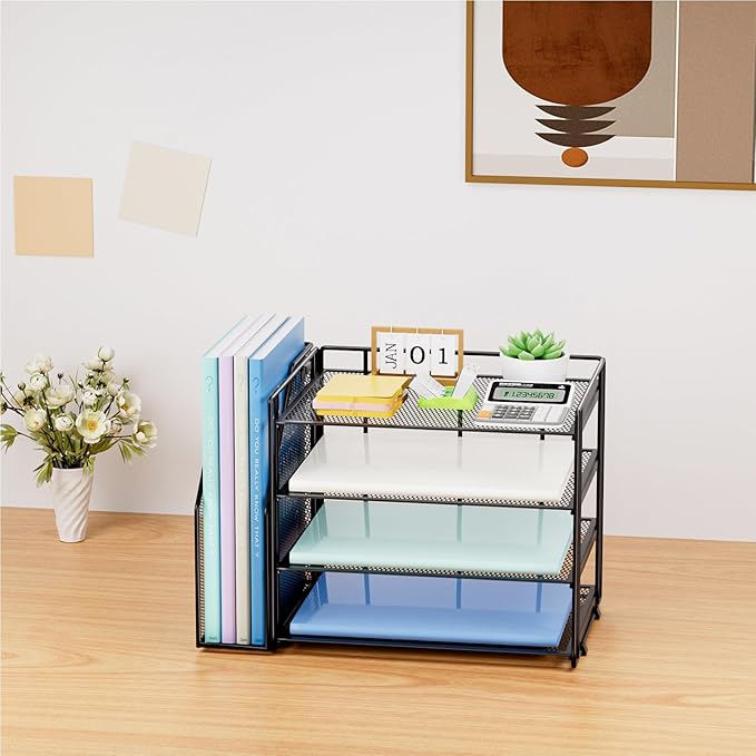 Marbrasse Desk Organizer and Accessories,4-Tier Paper Letter Tray Organizer with File Holder,Desk Accessories & Workspace Desktop Organizers for School Home Office Supplies (Black)
