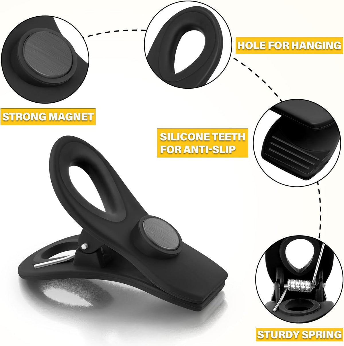 Magnetic Chip Clips, 10 Pack Plastic Bag Clips with Magnet, Black Snack Clips for Food Storage and Refrigerator