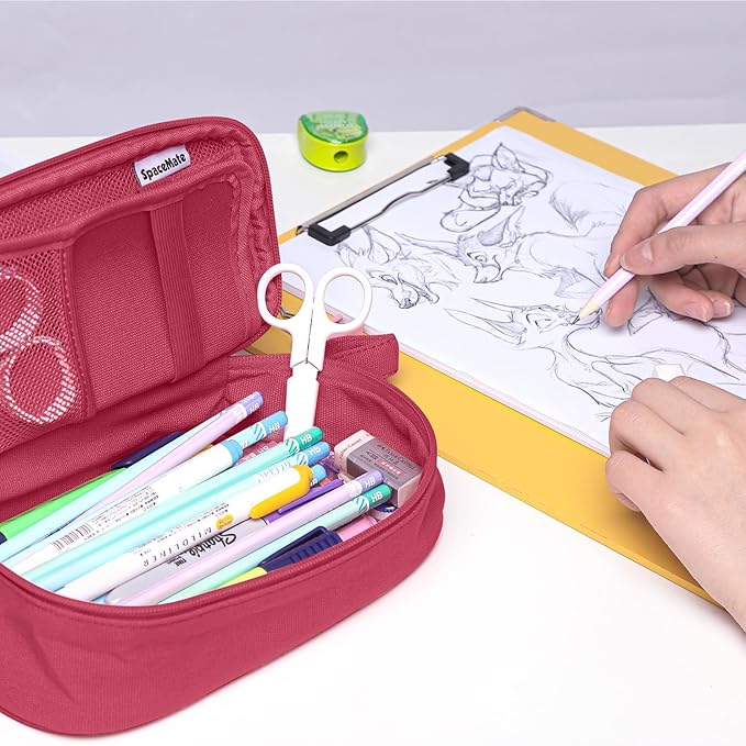 Pencil Case Pouch Box Bag School Supplies Girls Boys Kids, Cute Preppy Stuff Large Big Capacity Aesthetic Pen Organizer, Back to College Stationary, Dark Pink, Heavy Duty Canvas, 1800ml
