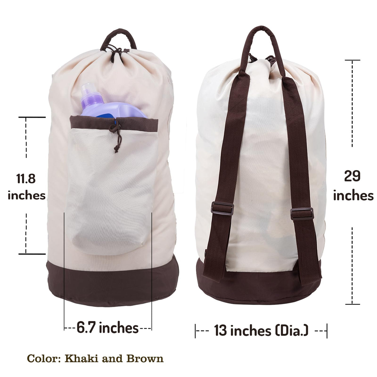 Laundry Bag Backpack with Shoulder Straps and Detergent Holder Clothes, Travel Laundry Backpack Bag Hamper for College Dorm Room (Khaki w Brown)