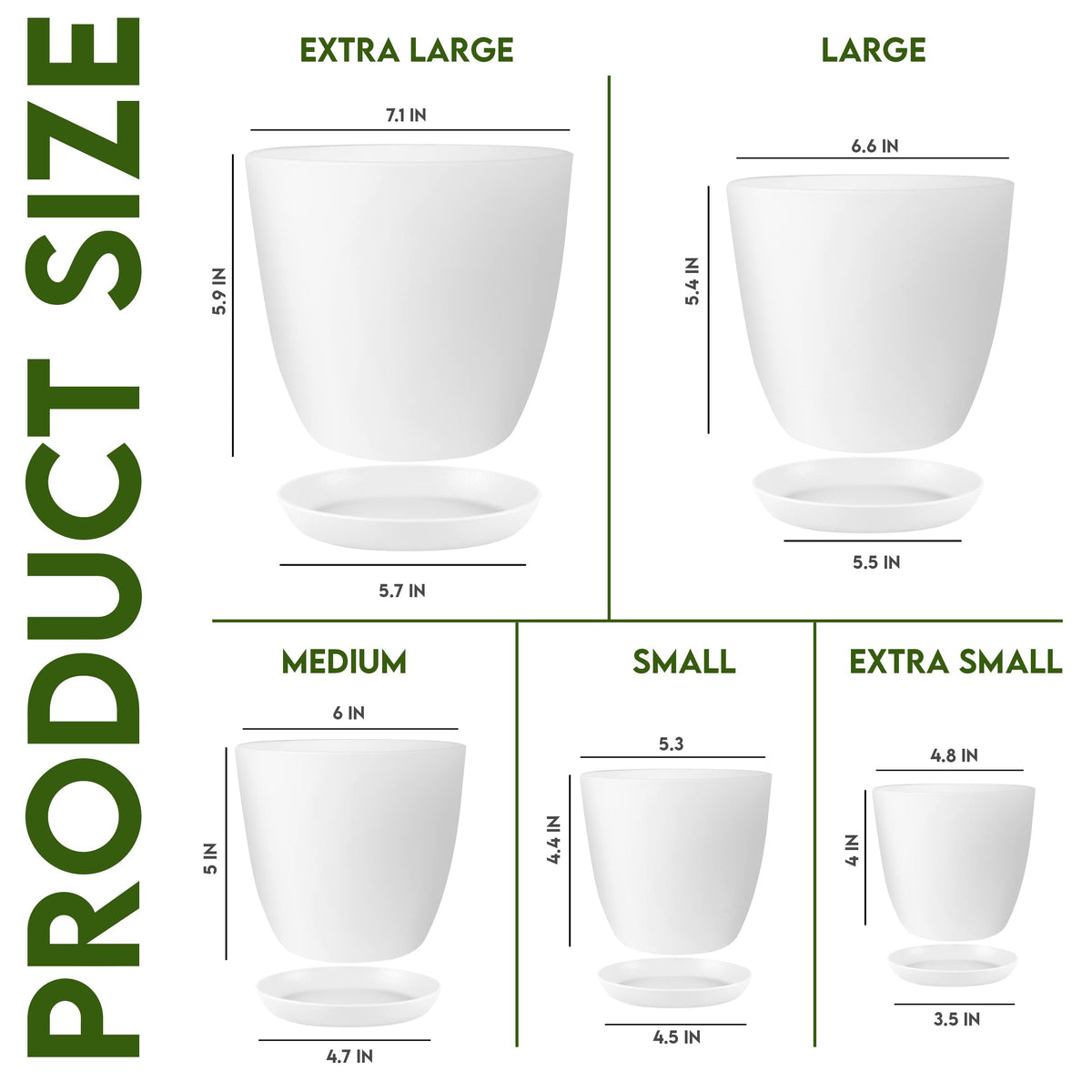 Utopia Home - Plant Pots Indoor with Drainage - 7/6.6/6/5.3/4.8 Inches Garden Flower Pots for Indoor Planter - 5 Pack White Plastic Planters - Ideal for Stocking Stuffers or Room, Office Home Decor