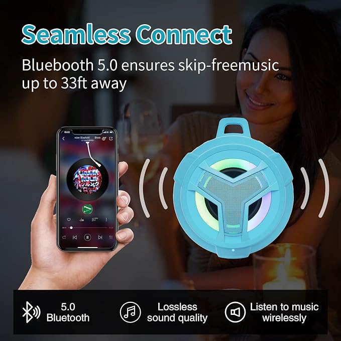 EBODA Waterproof Bluetooth Shower Speaker, IPX7 Floating Portable Wireless Small Speakers, 24H Playtime with RGB Light for Kayak, Beach, Pool Accessories, Gifts for unisex -Sky Blue