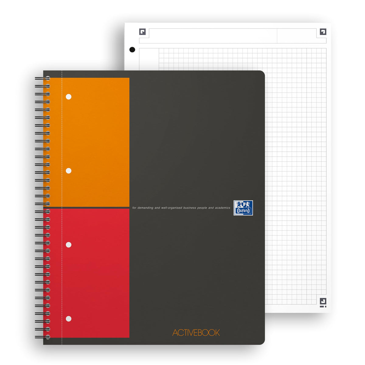 OXFORD 100104329 Activebook International A4 + Checkered with Indexable Index and Document Pocket Gray Spiral Notebook Block - a Smart Organization for Managers and Executives