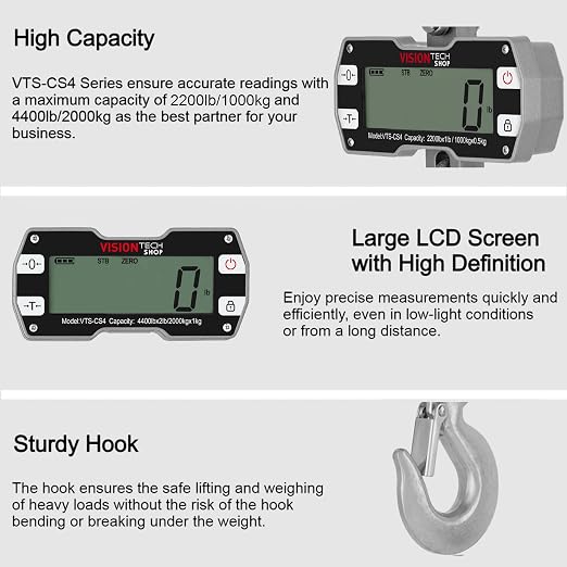 VisionTechShop Digital Crane Scale, VTS-CS4 2200lb/1000kg Heavy Duty Compact Hanging Industrial Scale with Remote Control, Large LCD Display, Backlight for Farm, Factory, Construction
