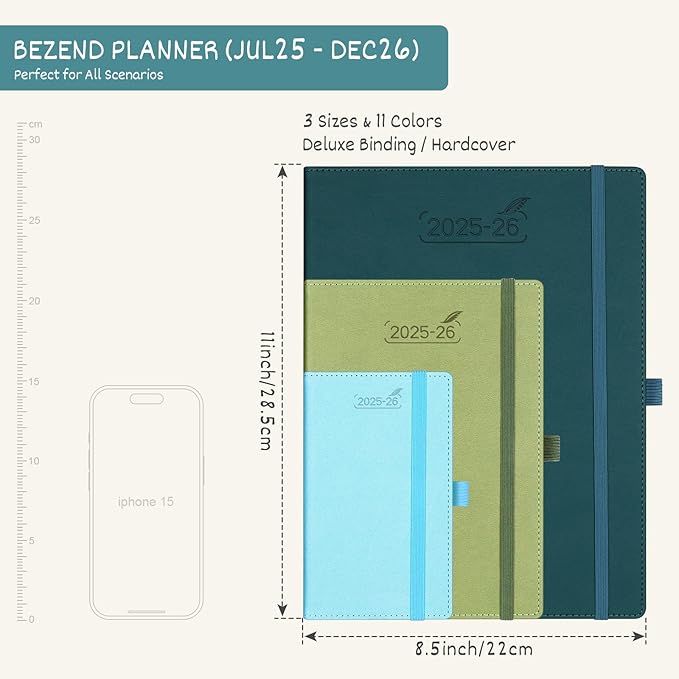 BEZEND Planner 2025-2026 Weekly and Monthly, 8.5" x 11" Academic Calendar (Jul 25-Dec 26) Vertical Daily Appointment with Hourly Timeslot & Monthly Tab, PU Leather Hardcover - Dark Green