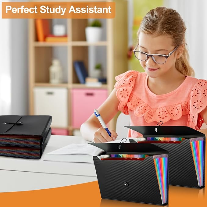 Patelai 6 Pack File Folder Organizer 13 Pocket Expanding File Folder A4 Letter Size Paper Document Receipt Organizer with Labels and Colored Inside Pages for Classroom, Home, Office and Travel, Black