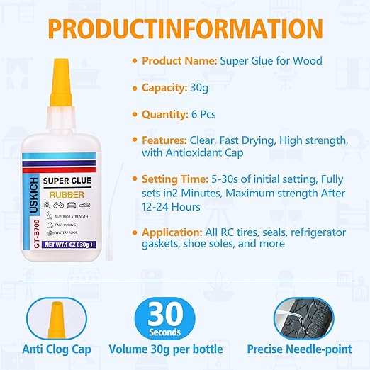 Super Glue for Rubber with Anti Clog Cap. 6 x 1 fl oz,CA Glue - Waterproof Clear Glue Cyanoacrylate Glues for RC Tires, Seals, Gaskets, Soles, Hose, Mat & Neoprene, Automotive Parts Repair, Quick Dry