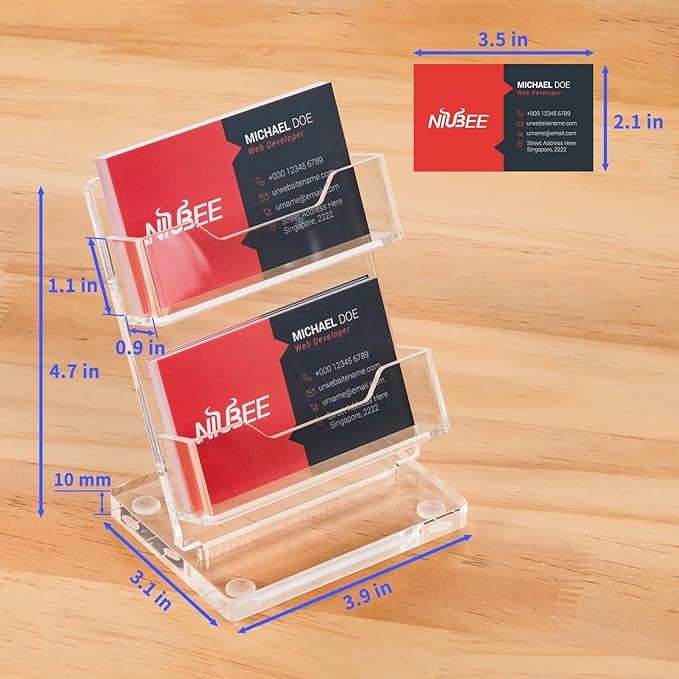 NIUBEE Acrylic Business Card Holder for Desk 2 Tier Clear Gift Card Display, Business Card Stand for Office Exhibition, 130 Cards Capacity, 2 Slots