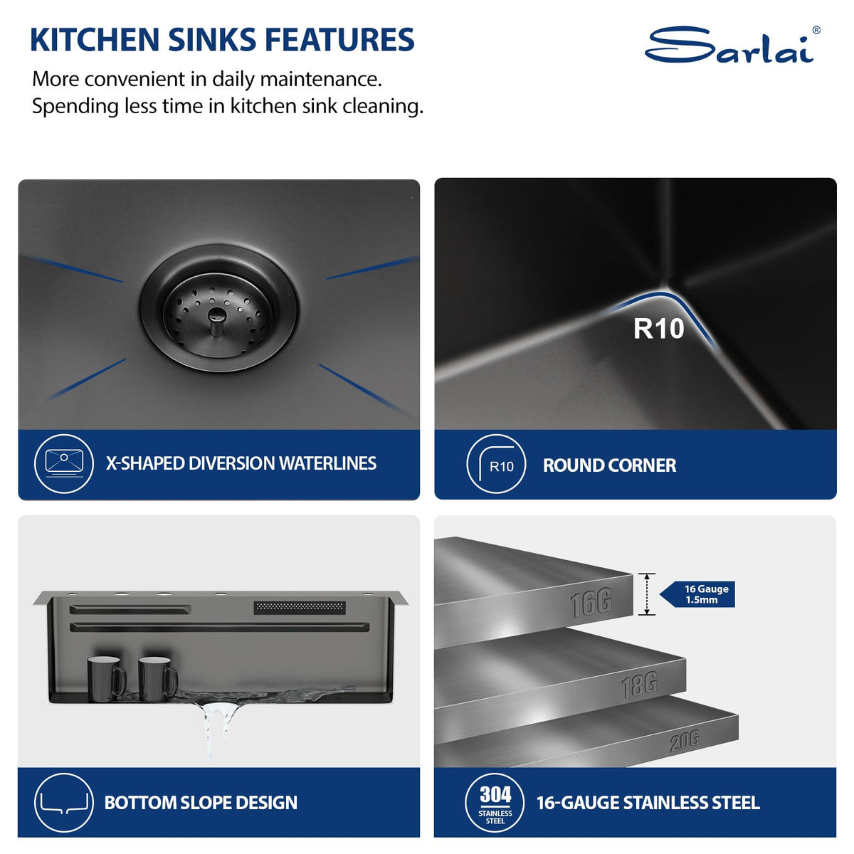 Sarlai Waterfall Kitchen Sink 30 Inch Black Drop In Kitchen Sink Topmount 16 Gauge Stainless Steel 30x22 Inch Single Bowl Multifuction Workstation Top Mount Sinks with Double Knob
