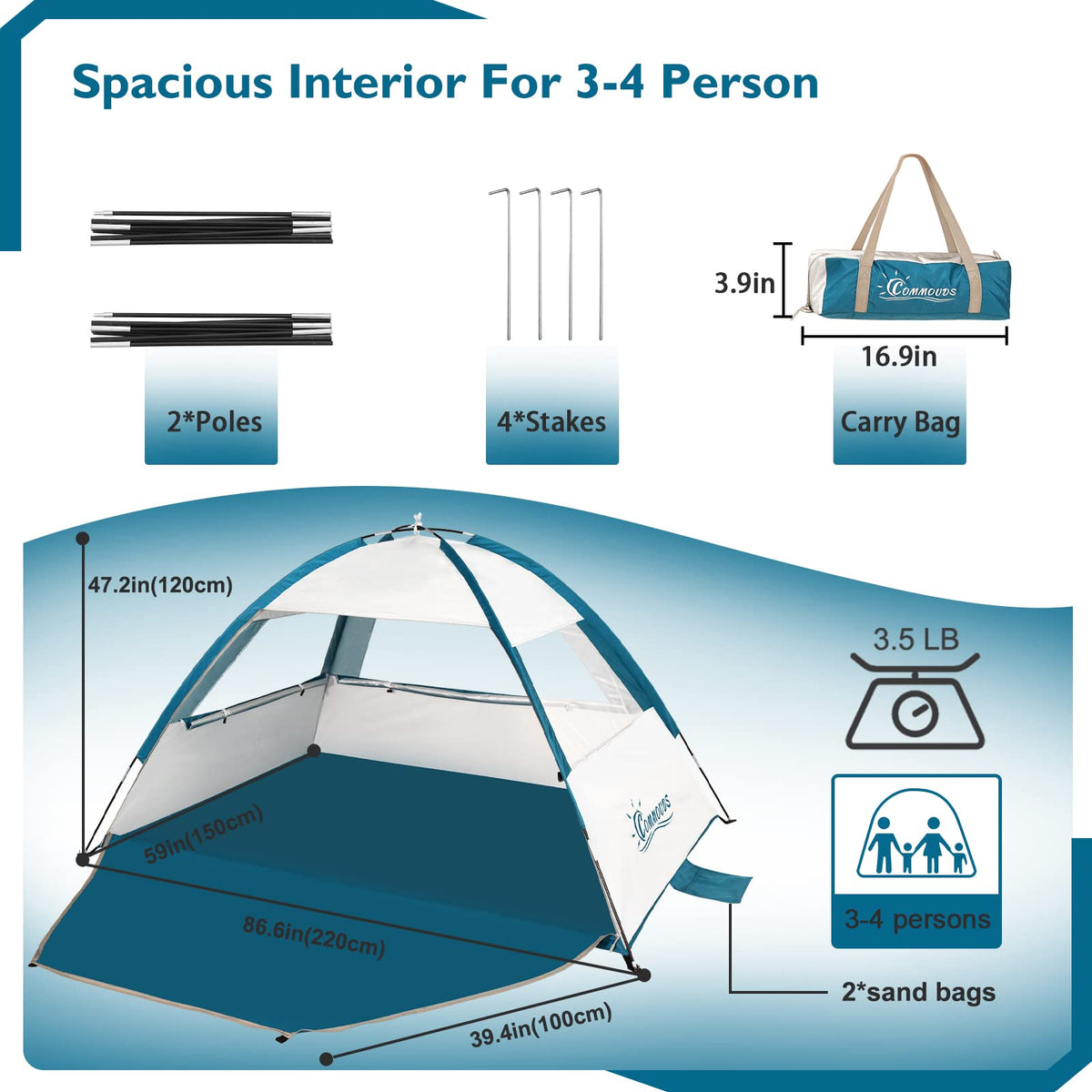 COMMOUDS Beach Tent Sun Shade for 3/4-5/6-7/8-10 Person, UPF 50+ Beach Sun Shelter Canopy Tent, Lightweight, Easy Set Up and Carry