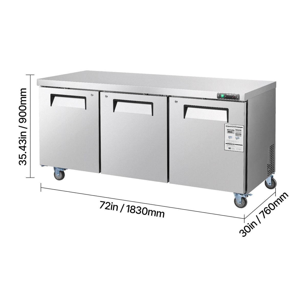 72" W Commercial Freezer, 17.7 Cu.Ft Worktop Freezers Undercounter with LED Auto Lighting and Lockable Door, 3 Doors Food Freezing Prep Worktable, Stainless Steel Prep Frozen Table with Casters