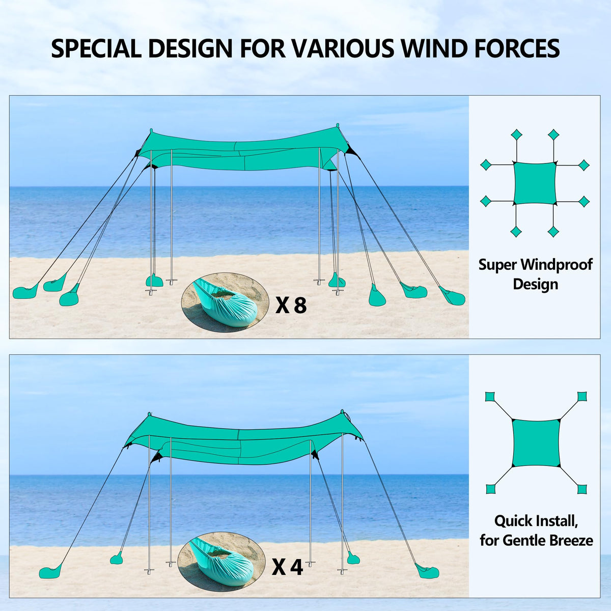 Beach Tent, Camping Tent UPF50+ with 8 Sandbags, Beach Essentials for 6-12 Persons, Beach Shade Canopy with Stability Poles and Big Ground Pegs, Pop Up Canopy for Camping, Picnics, 10X10FT Turquoise