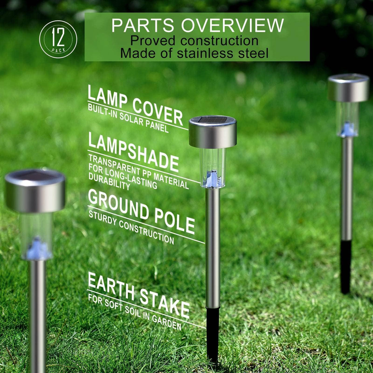 Solar Lights Outdoor Waterproof, Stainless Steel LED Landscape Lighting, Solar Garden Lights Solar Powered, Outdoor Solar Lights for Yard, Pathway, Walkway, Patio , Lawn - 12 Pack ( Multicolor )