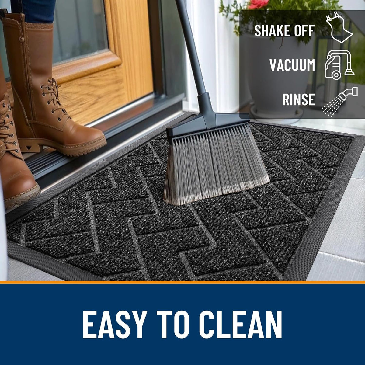 OLANLY Front Door Mat Indoor Outdoor Entrance, Waterproof All-Season, All-Weather Doormat, Sturdy Natural Rubber, Low Profile, Easy Clean Patio Porch Entryway Mat, Herringbone Brick (Black, 59x35)