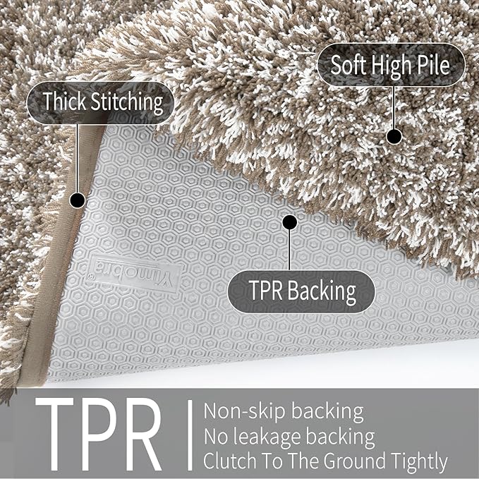 Yimobra Bathroom Rugs Sets 2 Piece, Soft Absorbent Bath Mat and U-Shaped Toilet Rug with Non Slip Backing, Machine Washable, Plush Shaggy Bath Mats for Bathroom, 24"x17"+24"x20", Light Brown and White