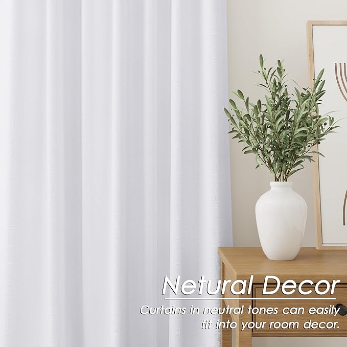 Full Black Out White Window Curtains, 102 Inches Long 2 Panels Set for Living Room Cotton Textured Long Blackout Curtains With Backing Thermal Insulated Drapes for Winter Nursery Bedroom Pure White