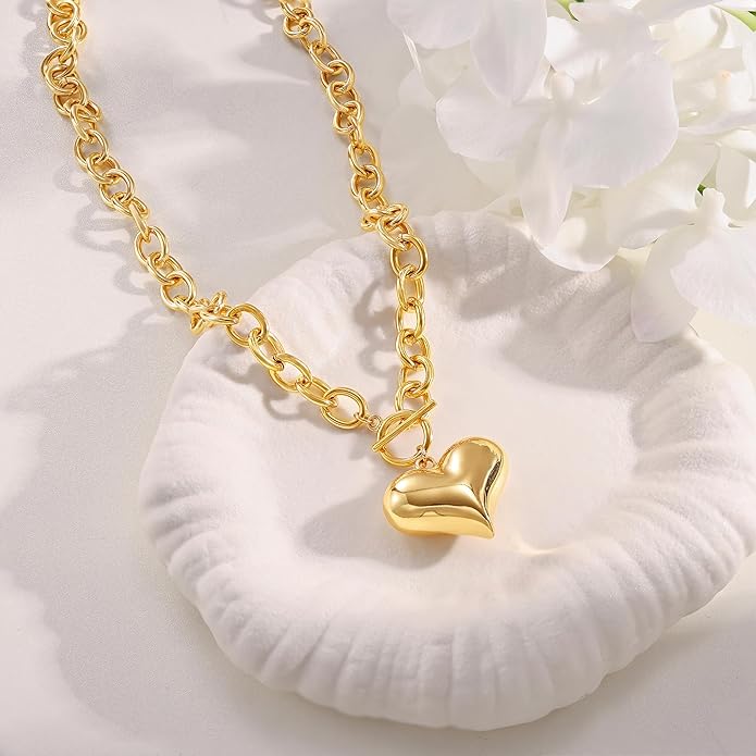 Chunky Gold Heart Necklace for Women,14K Gold Plated Puffy Heart Pendant Bold Chain Necklace with Toggle Clasp,Waterproof Non Tarnish Hypoallergenic Chunky Statement Jewelry Gift for Women