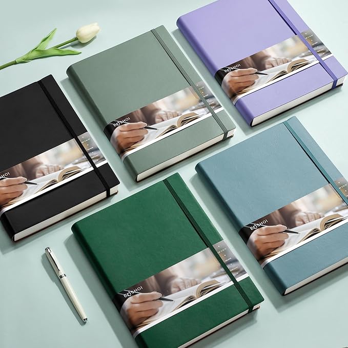 EMSHOI A4 College Ruled Notebook Journal- 400 Pages (200 sheets), 7mm Spacing & Vegan Leather Cover for Work, School, Bible Study, Bullet Journaling- with Sticky Notes, Pocket & Pen Holder - Green