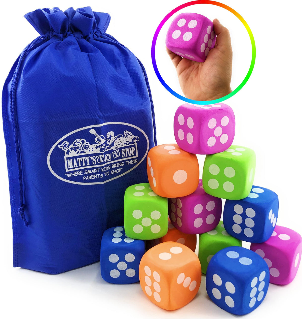 Deluxe Large 2.25" EVA Foam Dice (Pack of 12) with Bonus Matty's Toy Stop Storage Bag