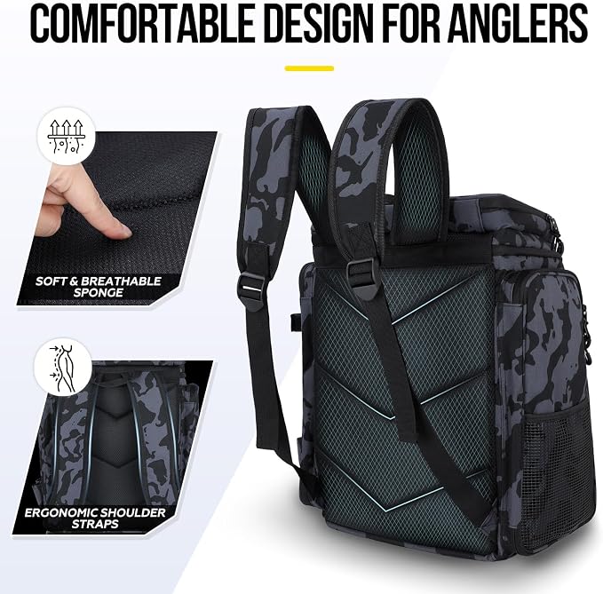 Fishing Backpack with Rod Holder, Waterproof Fishing Bag for Fishing Gear, 42L Large Capacity Tackle Box Backpack (Black Camo)