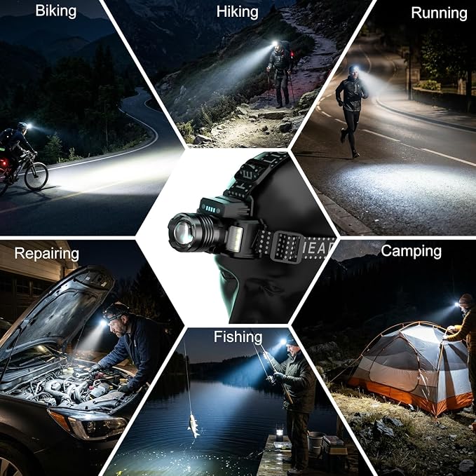 SKYFIRE Rechargeable Headlamp 3000 Lumens, Super Bright LED with Motion Sensor & COB Side Lights, 6 Modes, Zoomable, IPX6 Waterproof, 90ยฐ Adjustable Headlight for Camping, Hiking