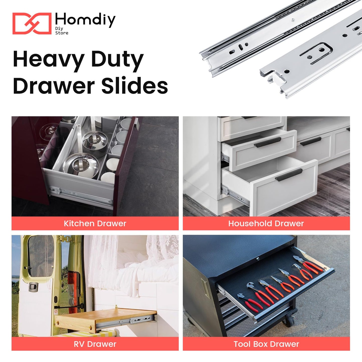 homdiy 6 Pairs 14 Inch Side Mount Full Extension Drawer Slides 3 Fold Cabinet Drawer Slides Heavy Duty Solid Ball Bearing Kitchen Cabinet Rails Dresser Tracks 100 LB Capacity