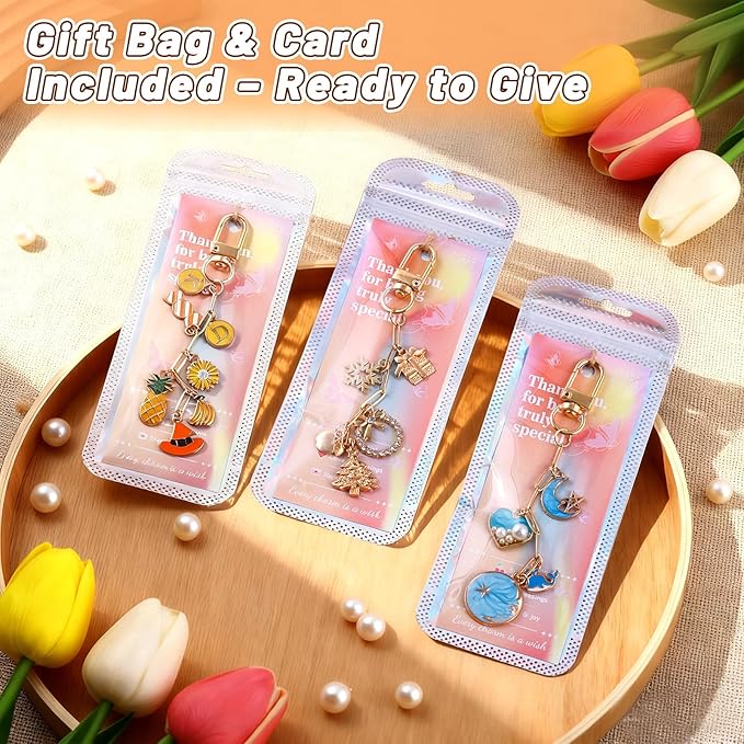 Wurosi 50 Set Paperclip Keychain Making Kit, Bag Charm Kit, 50 Keychain Clips, 50 Extender Chain, 50 Resealable Pouch Bag, 50 Thank You Cards, 5M Hemp Rope, Jewelry Making Kit for DIY Keyrings Charms