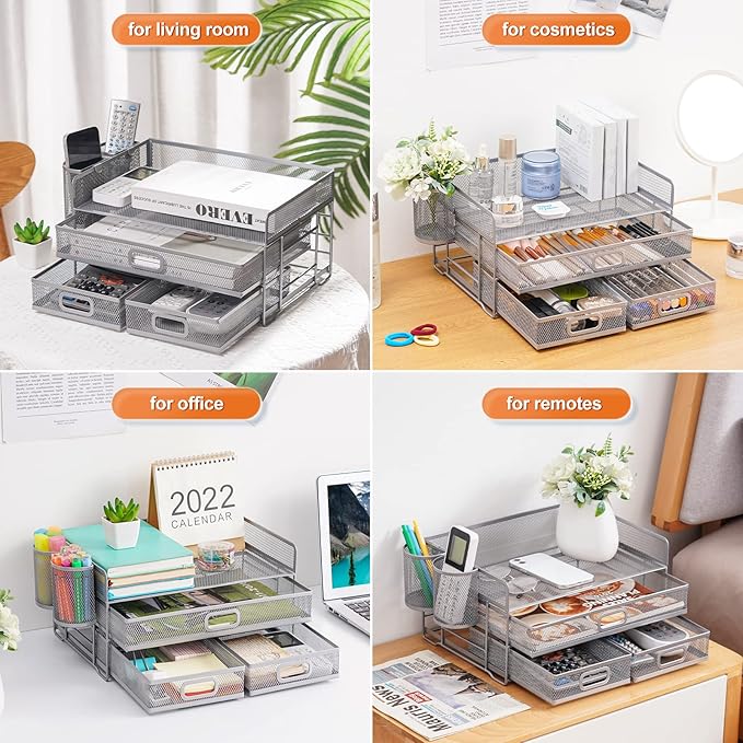 Marbrasse 3 Tier Mesh Desk Organizer with Drawer, Multi-Functional Desk Organizers and Accessories, Paper Letter Organizer with 2 Pen Holder for Home Office Supplies (Silver)
